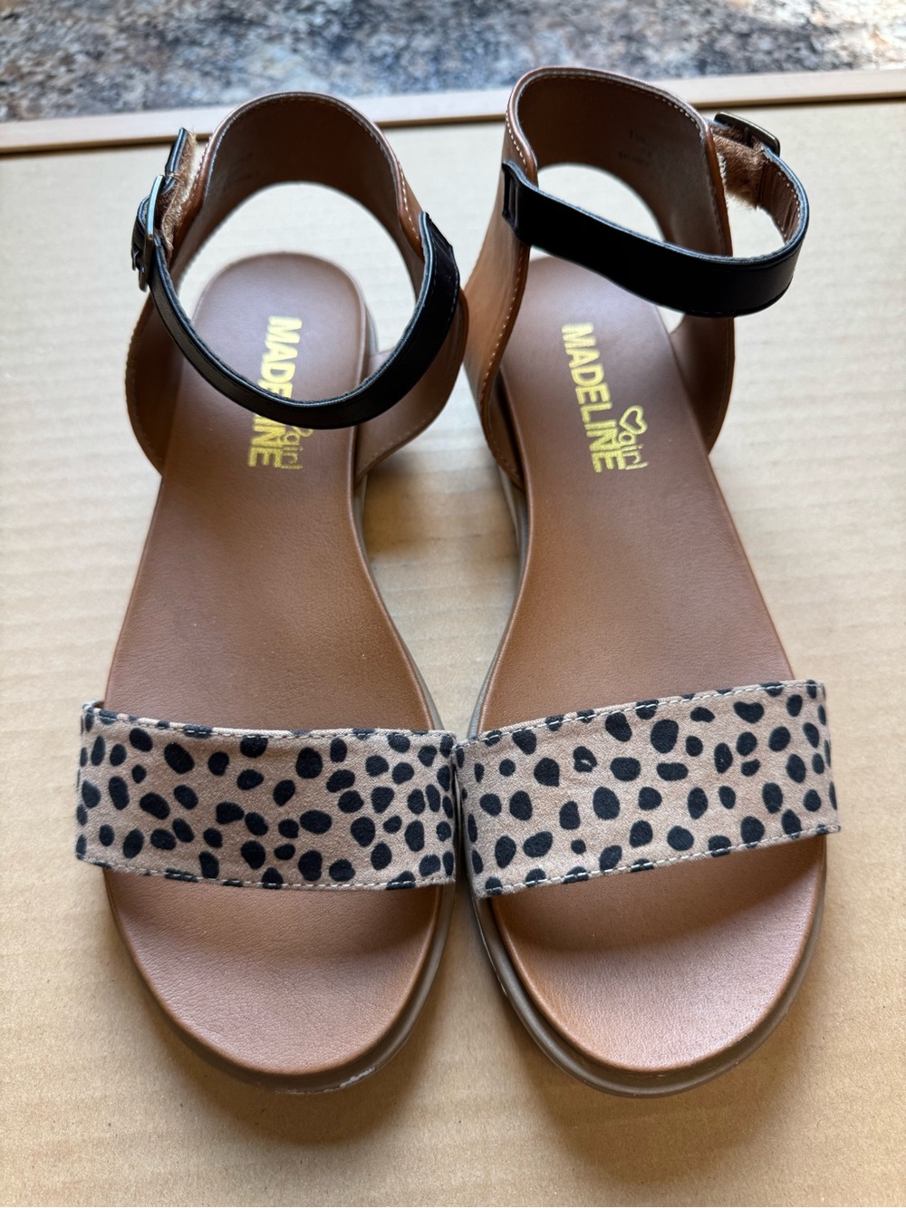 Madeline Black Ankle-Strap Sandals with Tan Leopard Front